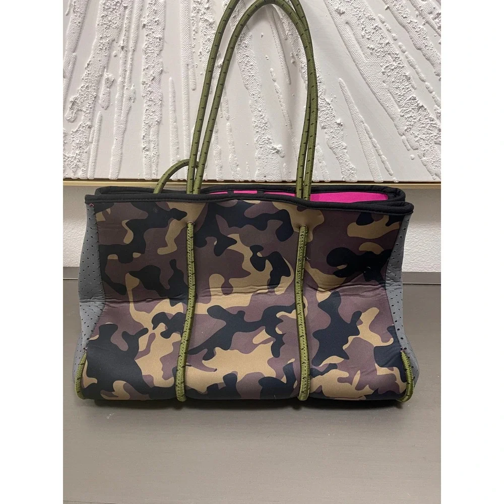 Camo Neoprene Tote Bag Carry On, Travel Gym Bag Pink Orange with Pouch Large